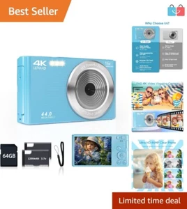 FHD 4K Digital Camera 44MP Compact Point & Shoot for Teens, 16X Zoom, 64GB SD - Picture 1 of 8