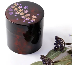 Kishu Japanese Lacquerware - Sakura Pattern Green Tea Caddy & Canister - Picture 1 of 6