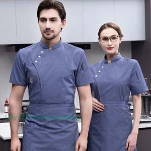 Unisex Men Women Chef Jacket Short Sleeve Summer Cook Coat Kitchen Uniform M-4XL - Picture 1 of 17