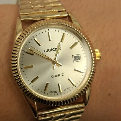 Reloj de cuarzo analógico con bisel estriado tono dorado vintage Watch-it para hombre hora ~ batería nueva Foto 1 de 4