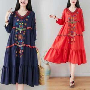 Women Dress Midi Linen Ethnic Floral Embroidery Tunic Beach Holiday Hippie