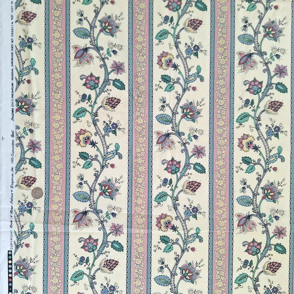 VTG Jacobean Floral Stripe Decor Fabric Multi On Ivory House N Home 1985  2 YDS - Image 1 of 4