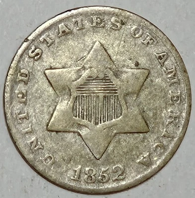1852 USA SILVER 3 CENTS KM-75 N-1129 ORIGINAL SURFACES, SCARCE TYPE, NOT BENT! - Image 1 of 4