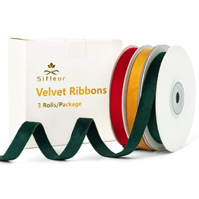 3 Rolls Velvet Ribbon Red Green Gold 3/8 Inch 15 Yards, Double Faced Gift Wrap - Image 1 of 4