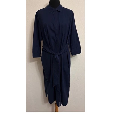Boden Navy Blue Linen Cotton Blend Belted Shirt Dress Midi 3/4 Sleeve Modest 12 - Image 1 of 4