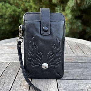 Harley Davidson Willie G Skull Wristlet Flames Black Leather Phone Card Holder - Bild 1 von 5