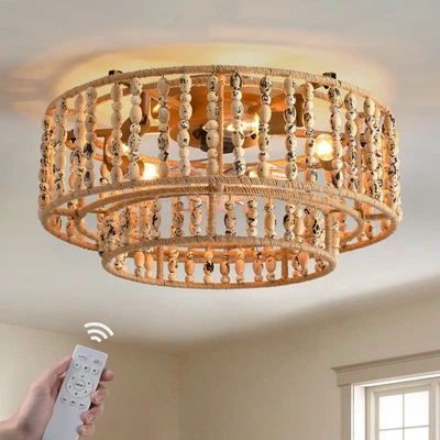 Ventilador de Techo 20" 5 Luces Boho Granja Cuentas Madera con Luces y Control Remoto Foto 1 de 4