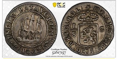 1802 NETHERLANDS EAST INDIES. Batavian Republic. 1/8 Gulden PCGS AU55 - Image 1 of 2