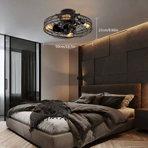 20" Rustic Caged Ceiling Fan Light Farmhouse Flush Mount Chandelier with Remote - Picture 1 of 23