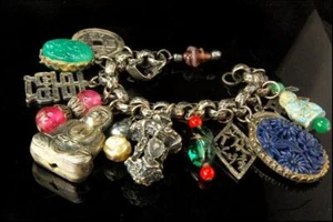 VINTAGE NAPIER NAPIER ASIATISCHE BUDDHA KUNST GLAS SILBERTON 14 CHARM ARMBAND BR - Bild 1 von 7