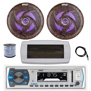 Pyle Bluetooth Marine Radio,Cover, Antenna,Wire, 2x 6.5'' 240W LED Camo Speakers - Picture 1 of 6