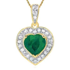 Natural Diamond 10K Yellow Gold Green Emerald Halo Heart Pendant 0.5" - Picture 1 of 4