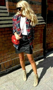 A425 ZARA BLAZER GOLD BUTTONS TWEED CHECKED RED BLUE JACKET CHECK COAT - M - Foto 1 di 21