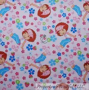 BonEful FABRIC FQ Cotton VTG Flannel Quilt Pink Strawberry Shortcake Blue Flower - Picture 1 of 8