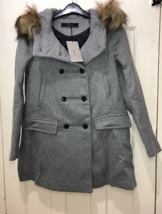 ZARA GREY LONG FAUX FUR HOODED DUFFLE WOOL BLEND COAT SIZE XS BNWT - Picture 1 of 6