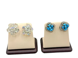 Lot of 2 Vintage Clip-On Earrings – Crystal Bead Cluster & Turquoise Floral - Picture 1 of 6