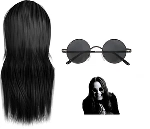 Ozzy Osbourne Wig And Glasses Fancy Dress Hippy 60 70's Black Sabbath Costume OZ - Picture 1 of 7