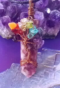 LEPIDOLITE CHAKRA PENDANT With COPPER TWIST TREE OF LIFE  And HEMP CHAIN