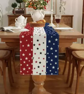Table Runner 13x72in Woven Polyester Patriotic Star & Stripes Red, White & Blue - Picture 1 of 3