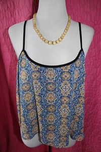 SANS SOUCI Geometric Print Tank XL Blue Gold Chiffon Top Black Straps Trim NEW - Picture 1 of 4
