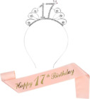 17Th Rose Gold Happy Birthday Sash And 17 Birthday Tiara Rhinestone Crown For 17