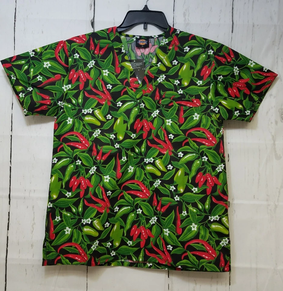 Dickies Scrub Shirt Chef Top XS Extra Small Hot Chili Pepper Uniform Nurse - Image 1 of 3