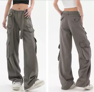 Cargo Womens Pants Cotton Pockets Loose Casual Wide Leg Belt Outdoor Multiple - Picture 1 of 14