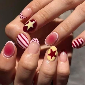 Elegant Artificial Nail French Nail Art Light Pink Polkas Dots Stripes Stars Fak - Picture 1 of 8