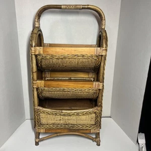 Vtg Wicker Rattan 3-Tier Basket Stand-Boho Farmhouse Style Storage OrganizerREAD - Picture 1 of 24