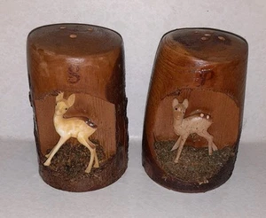 Vintage Wood Deer Salt and Pepper Shakers Carved Deer Fawn Rustic Mancave Lodge - Picture 1 of 9