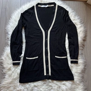 Trina Turk Strickjacke Kaschmir Seide Wolle schwarz/creme gestreift Taschen Pullover Gr. M - Bild 1 von 9