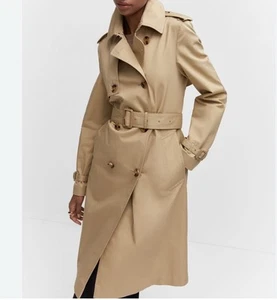 Mango Classic Trench Coat with Belt Women s Size XS Khaki Water Repellent - Picture 1 of 16
