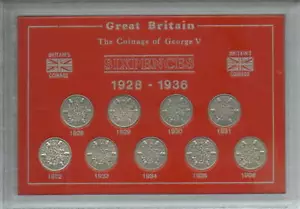 1928-1936 Sixpences 6d of King George V Coin Type Collector Set in Display Case - Picture 1 of 1