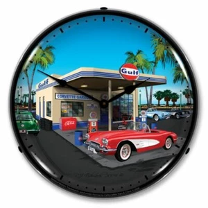 1959 Corvette Gulf Station LED Clock Garage Oil Car Man Cave Lighted Nostalgic - Picture 1 of 2