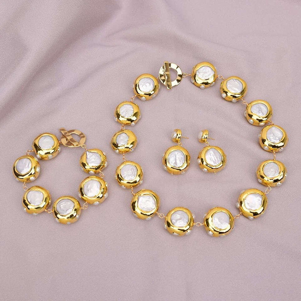 Культивированный белый большая монета Кеши жемчуг золотой край ожерелье браслет серьги наборы - Изображение 1 из 1