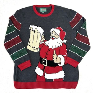 Ugly Christmas Sweater Gray Santa With A Beer Mug Thumbs Up Size XXL - Picture 1 of 5