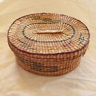 Vintage Hand Woven Sweet Grass Oval Basket With Lid  6.5" x 5" x 3"