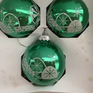 VTG RAUCH GREEN GLASS ORNAMENTS USA Christmas Mica Glitter  Ornaments Set of 4 - Picture 1 of 11