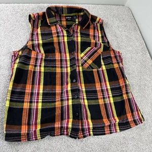 Vintage 90s Orange Red Yellow Multicolor Plaid Button up Collared Shirt Vest 1X - Picture 1 of 5