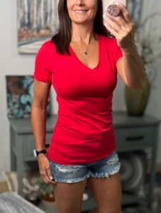 Sexy Low Cut V Neck Cleavage Baby Slimming Basic Tee Shirt Ruby Red - Picture 1 of 7
