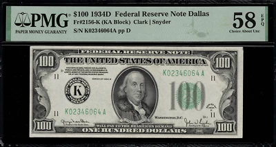 1934D $100 Federal Reserve Note - Dallas - FR. 2156-K - Graded PMG 58 EPQ - Image 1 of 2