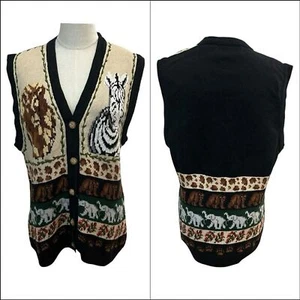 Vintage 90s Eagles Eye Safari Zebra Knit Vest Size L Lion Animal Print African - Picture 1 of 15