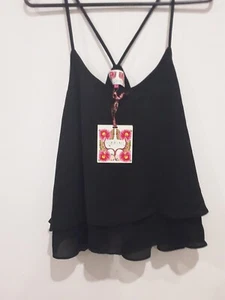 Ribbon Label Top Size 14 Chiffon Frill Two Layer Cami Black New Tag - Picture 1 of 12