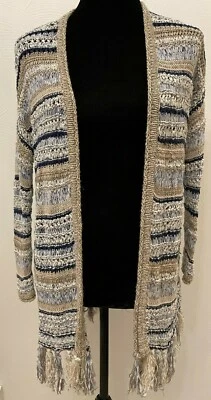 Chico's Womens Open Front Cardigan Size 0P Beige Stripe Gold Metallic Accents  - Image 1 of 4