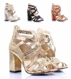 Sexy Diseño Piel de Serpiente Baile de graduación Mujer Sandalias Gruesas 3.75" Tacones Altos Zapatos - Imagen 1 de 33