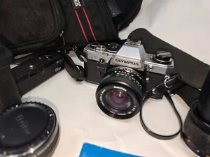 Vintage OLYMPUS OM10 SLR FILM CAMERA WITH Olympus 24mm and 135mm lenses - Picture 1 of 15