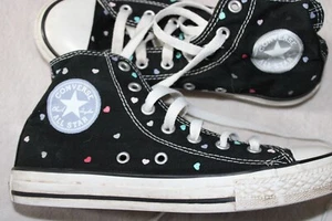 CONVERSE ALL STAR LOVE HEART HIGH TOP TRAINERS BLACK SIZE 2 UK 34 EU GIRLS A14 - Picture 1 of 9