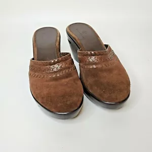 Cole Haan Size 6B Brown Suede Wedge Heel Womens Mules Clogs Shoes w/ Woven Trim - Picture 1 of 9