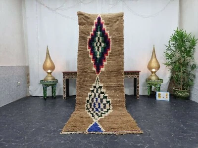 Moroccan Handmade Vintage Rug 3'x8'8" Berber Geometric Light Brown Red Carpet  - Image 1 of 4