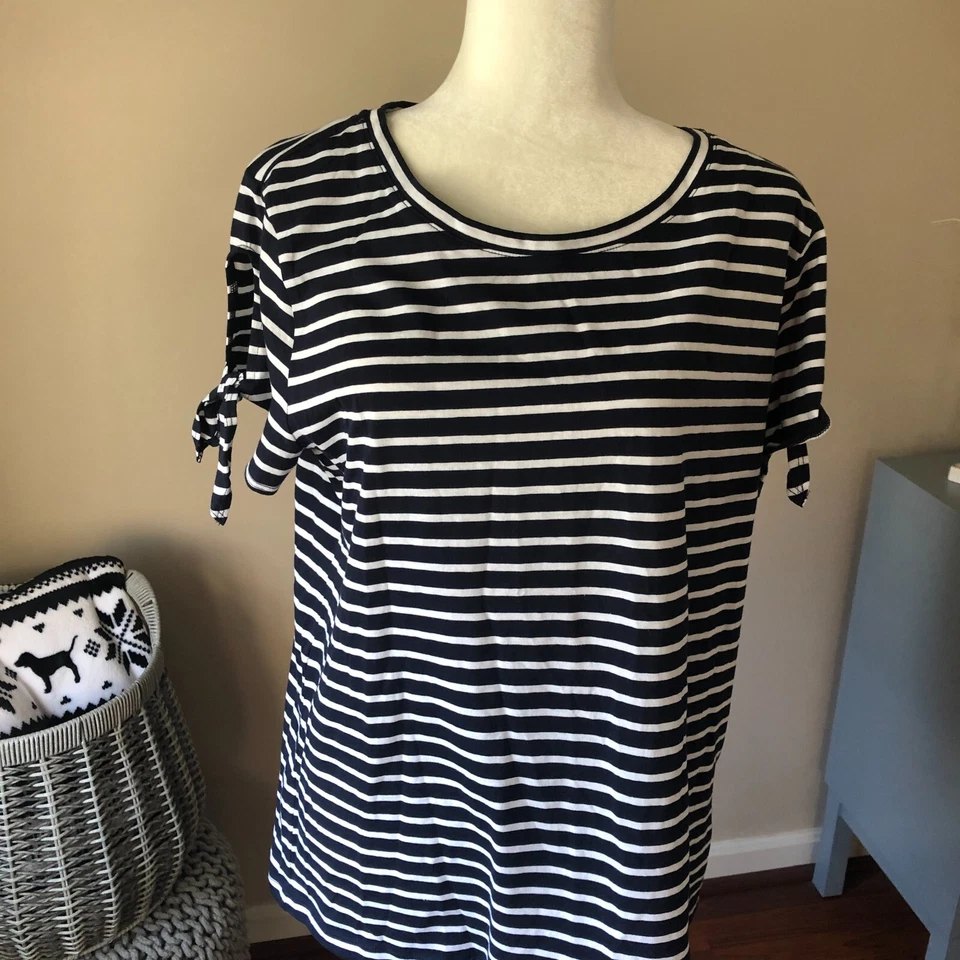 NAUTICA Navy Seas Stripe Tie Short Sleeve Shirt Sz XL X-Large Womens